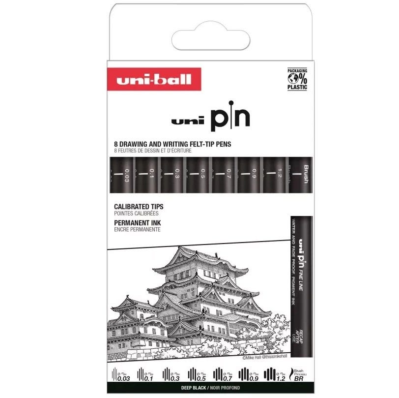 Uni Pin Fine Line Marker 8-set svart