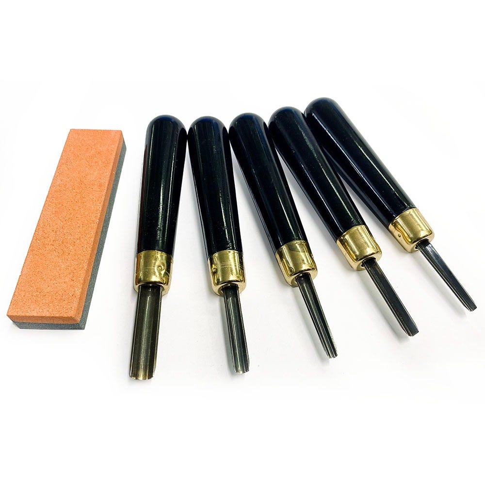 Linokniv Set (Svart)  5 knivar med bryne